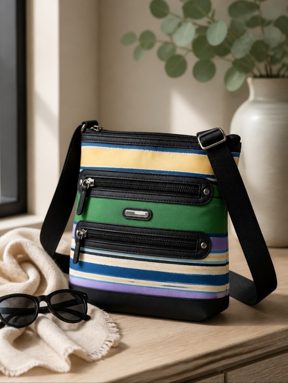 Dana Buchman Vibrant Multicolor Striped Crossbody Bag Multiple Zip Compartments